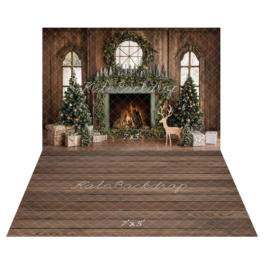 Kate Christmas Tree Fireplace Wreath Deer Backdrop+Wood Brown Floor Backdrop -UK
