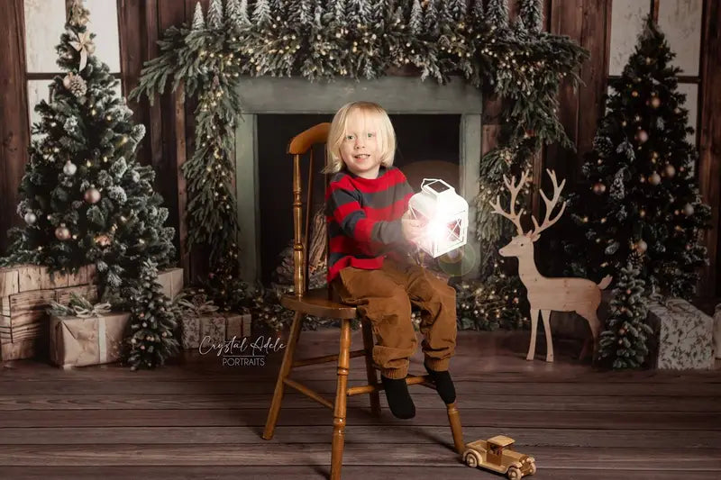 Kate Christmas Tree Wood Fireplace Wreath Deer Backdrop Designed by Emetselch