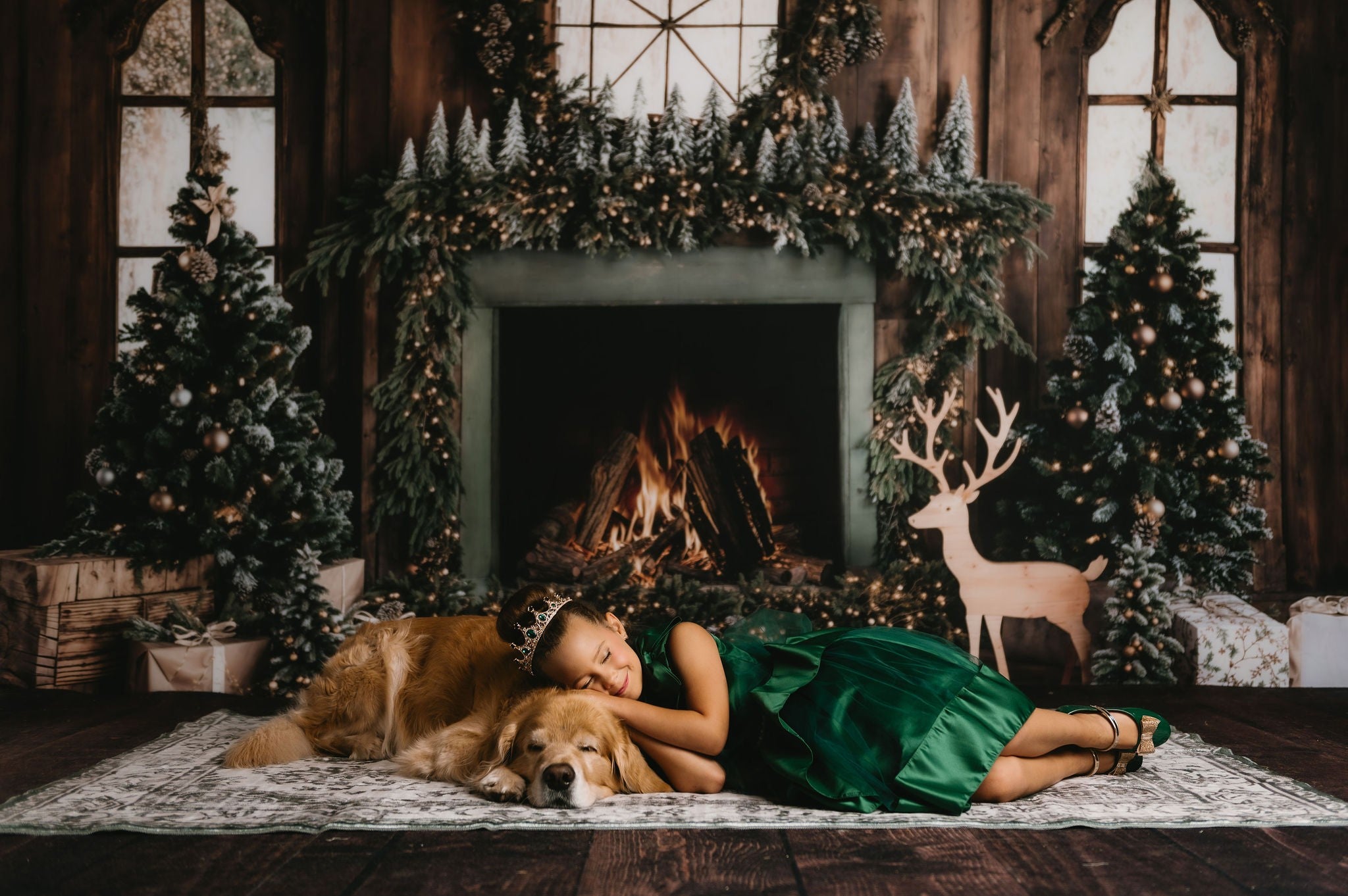 Kate Christmas Tree Wood Fireplace Wreath Deer Backdrop Designed by Emetselch