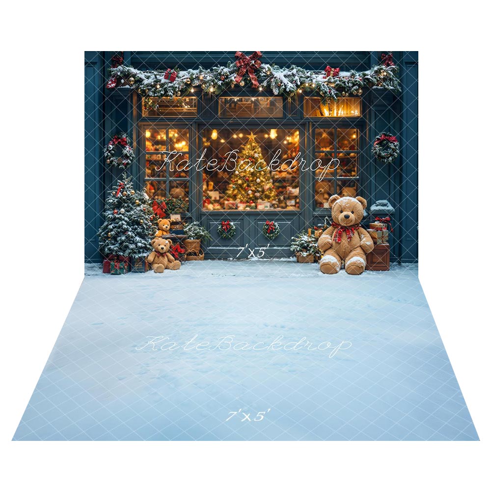 Kate Christmas Tree Shop Teddy Bear Window Backdrop+Winter Ice Blue Floor Backdrop -UK
