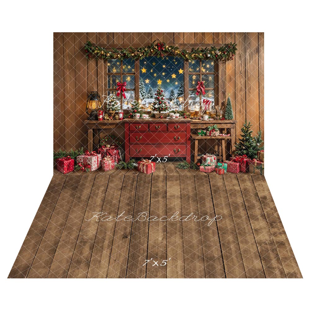 Kate Christmas Rustic Cabinet Window Gifts Backdrop+Wood Plank Brown Floor Backdrop -UK