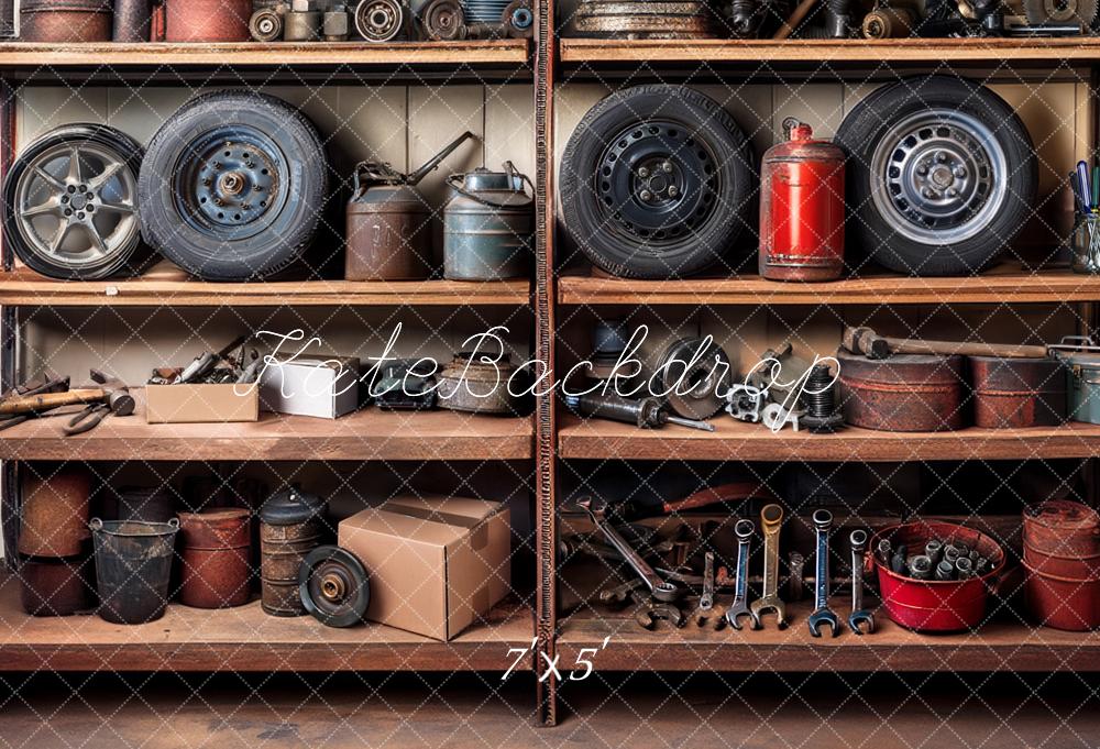 Kate Garage Shelves Tools Tires Backdrop Designed by Mandy Ringe Photography