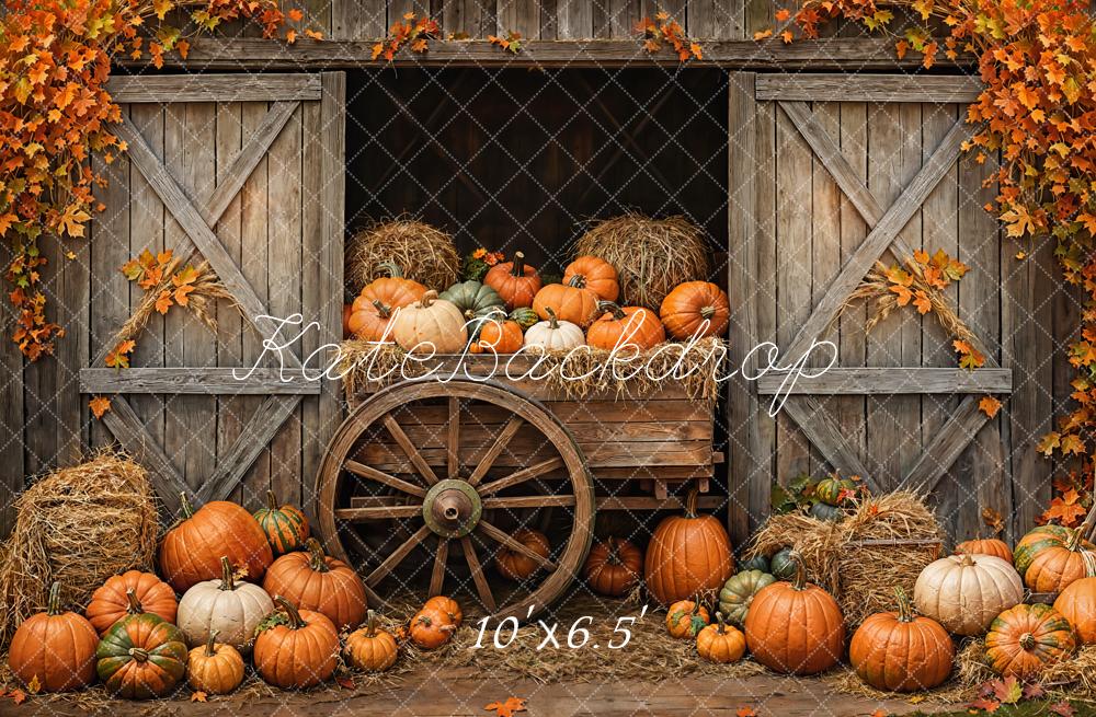 On Sale Kate Autumn Pumpkins Cart Barn Door Backdrop Designed by Emetselch -UK