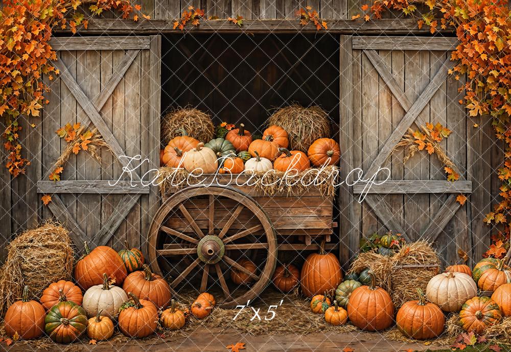 On Sale Kate Autumn Pumpkins Cart Barn Door Backdrop Designed by Emetselch -UK