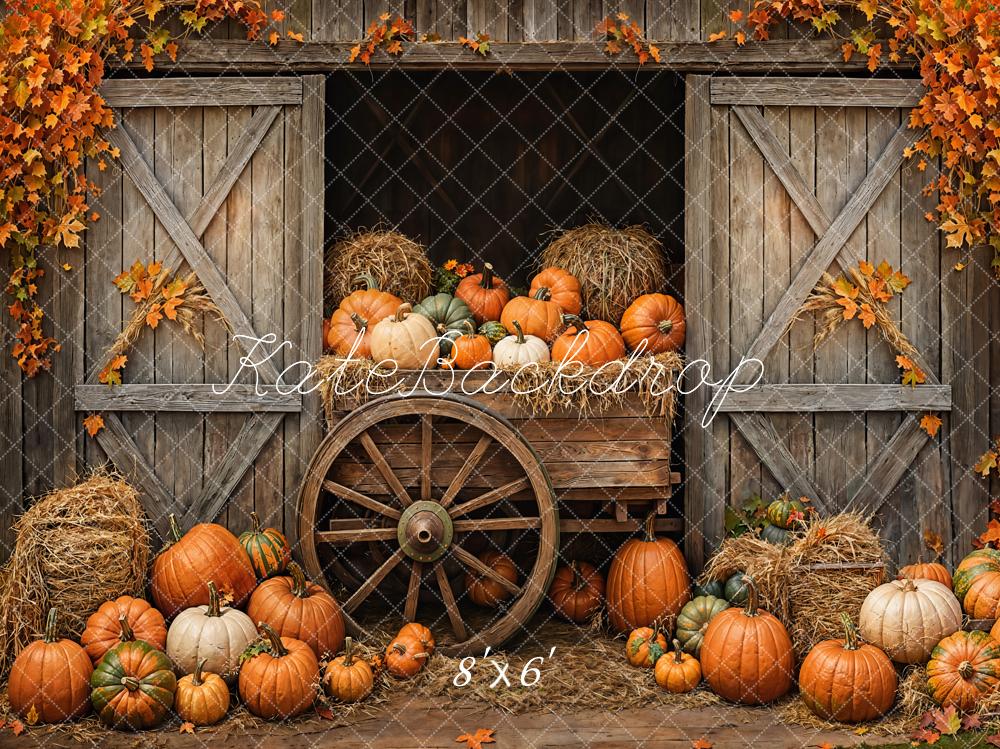 On Sale Kate Autumn Pumpkins Cart Barn Door Backdrop Designed by Emetselch -UK