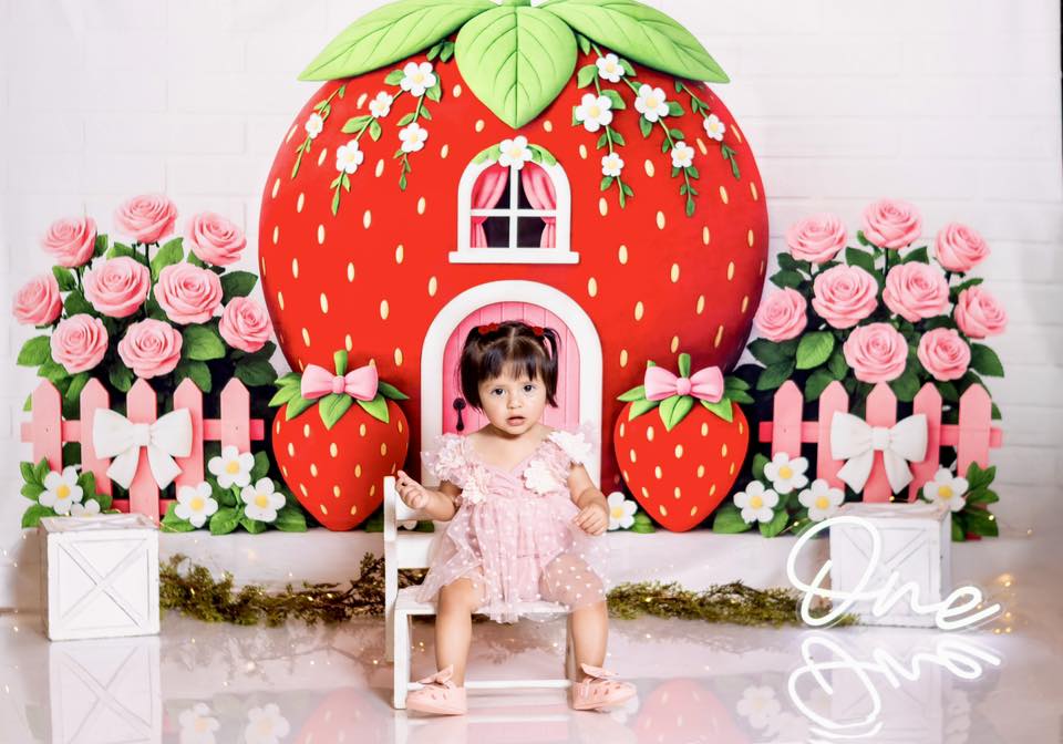 Kate Cake Smash Strawberry House Floral Backdrop Designed by Ashley Paul -UK