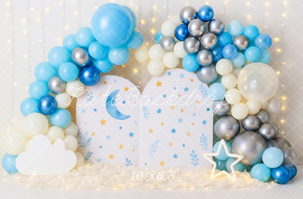 Kate Cake Smash Moon Stars Balloon Blue Backdrop Designed by Patty Robert