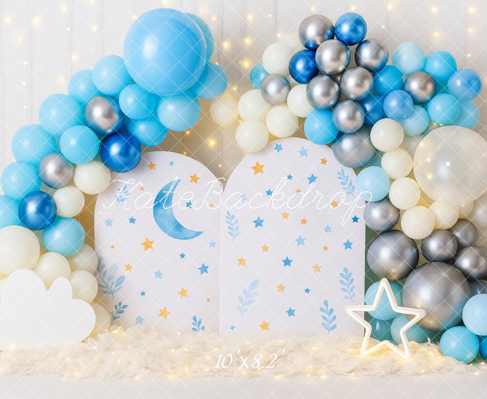 Kate Cake Smash Moon Stars Balloon Blue Backdrop Designed by Patty Robert