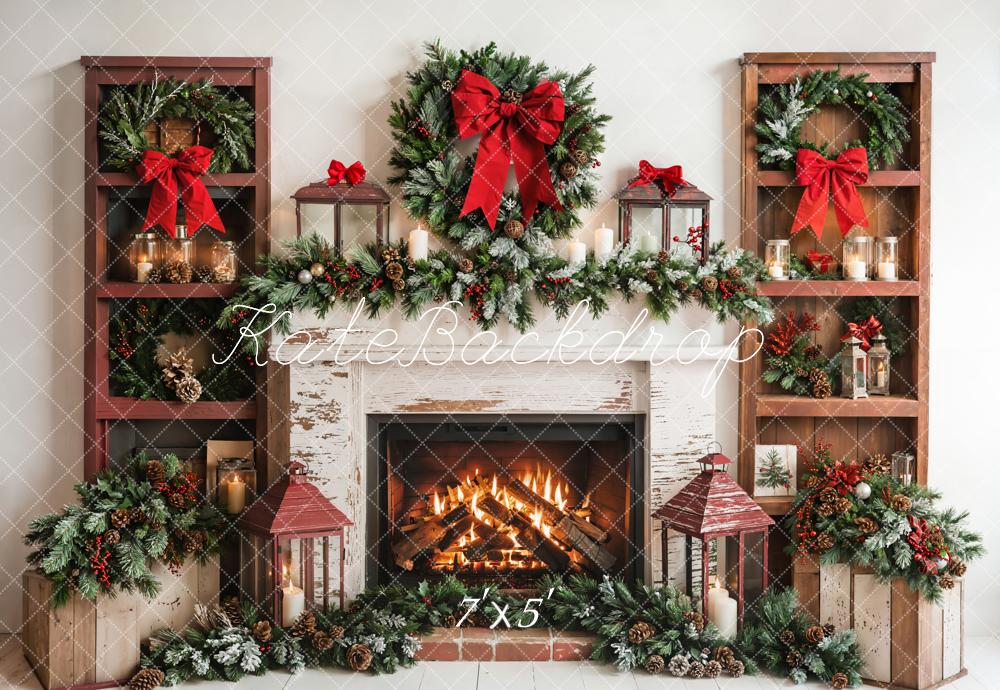 Kate Christmas Fireplace Wreath Red Bow Backdrop Designed by Emetselch