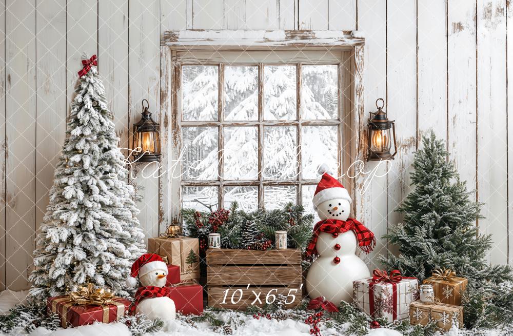 Kate Christmas Tree Snowman Window Wood Backdrop Designed by Emetselch