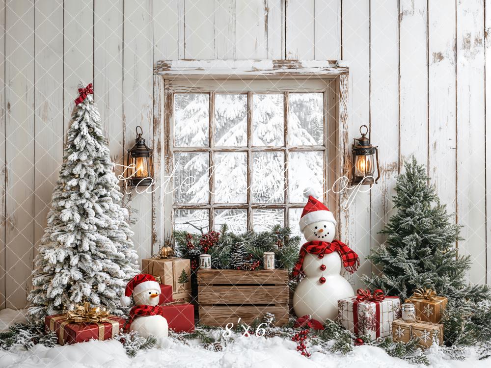 Kate Christmas Tree Snowman Window Wood Backdrop Designed by Emetselch