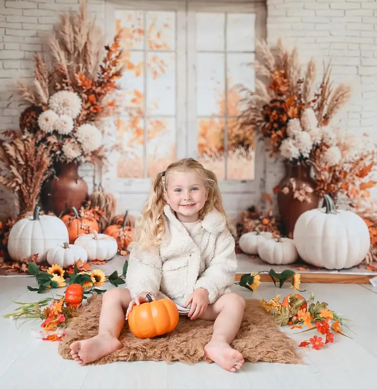 Kate Autumn Cozy Pumpkin Floral Window Backdrop Designed by Emetselch -UK
