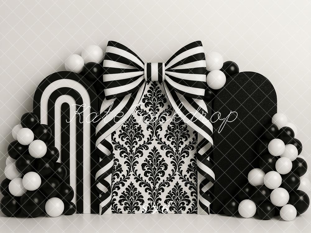 Kate Cake Smash Black White Bow Balloons Backdrop Designed by Ashley Paul -UK