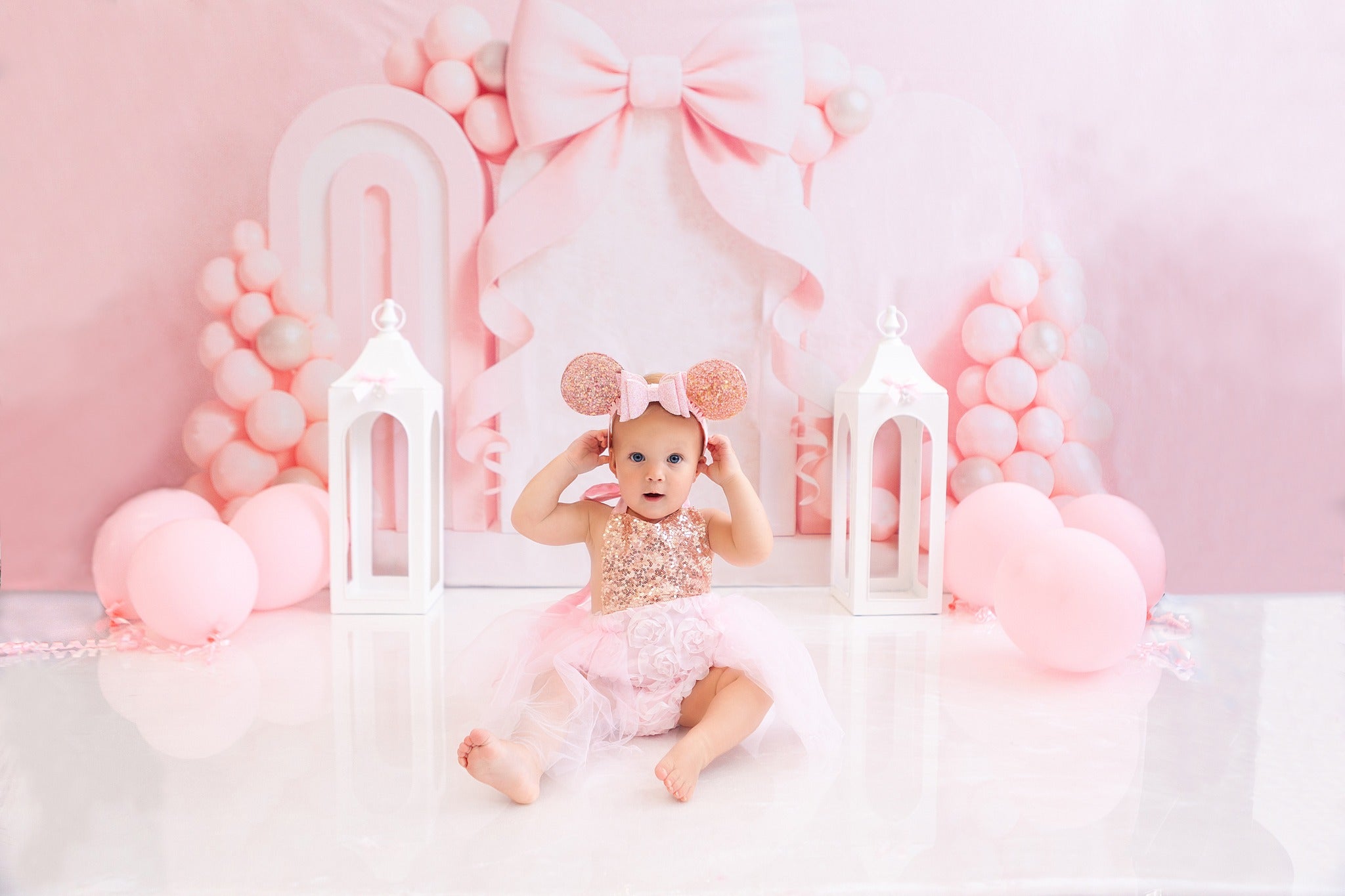 Kate Cake Smash Bow Pink Balloon Arch Backdrop Designed by Ashley Paul