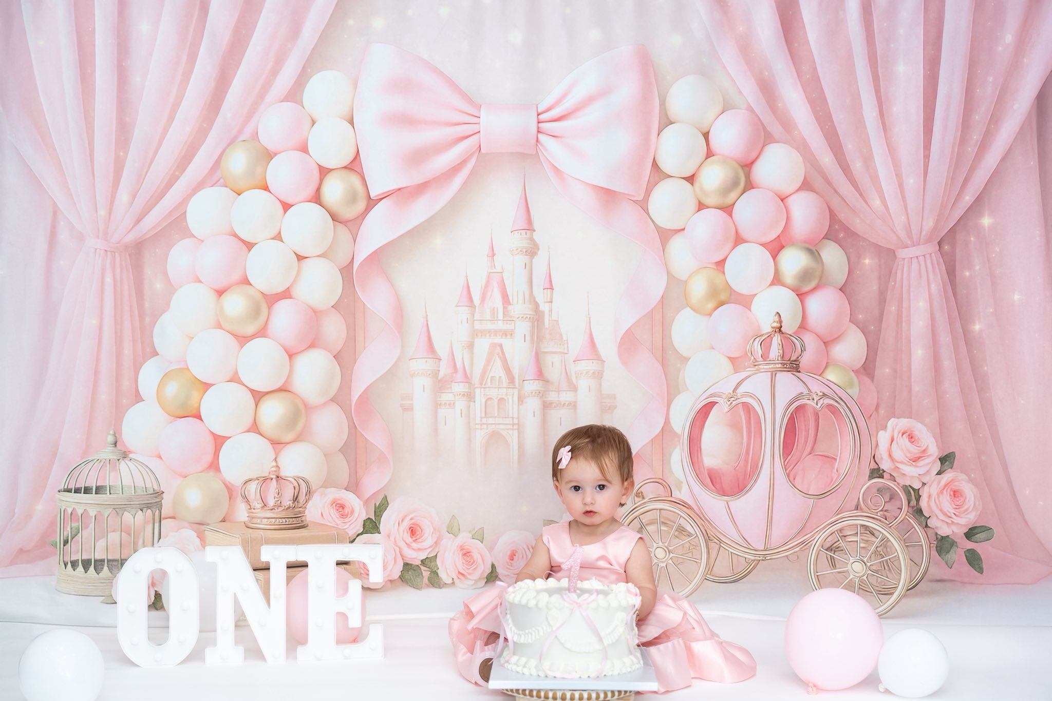 Kate Cake Smash Castle Pink Princess Carriage Backdrop Designed by Ashley Paul -UK