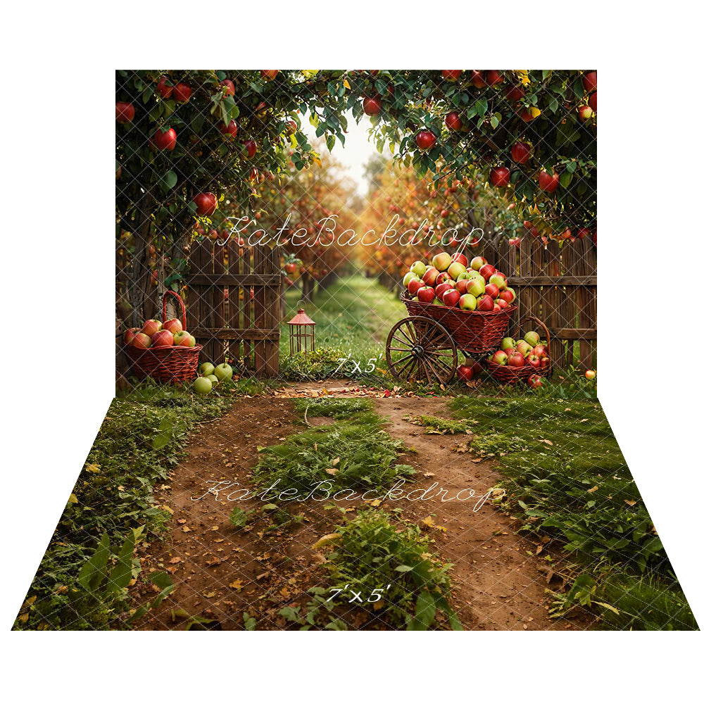 Kate Apple Orchard Cart Harvest Backdrop+Forest Path Green Grass Floor Backdrop