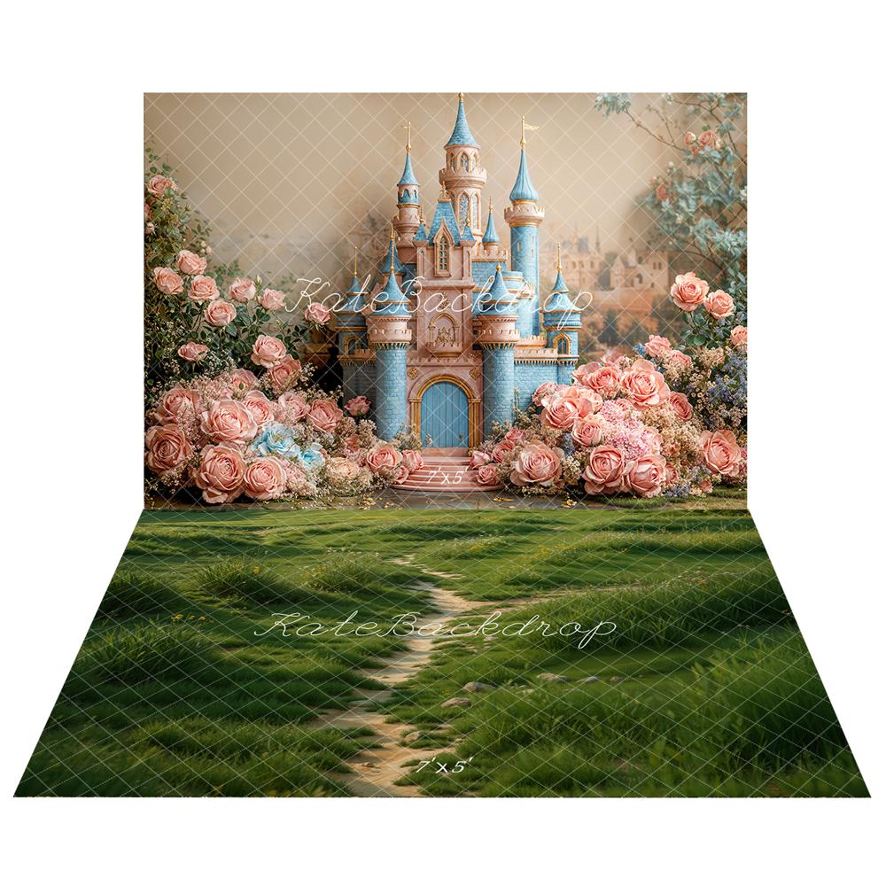 Kate Fairy Dreamy Castle Floral Backdrop+Spring Lush Grass Pathway Floor Backdrop