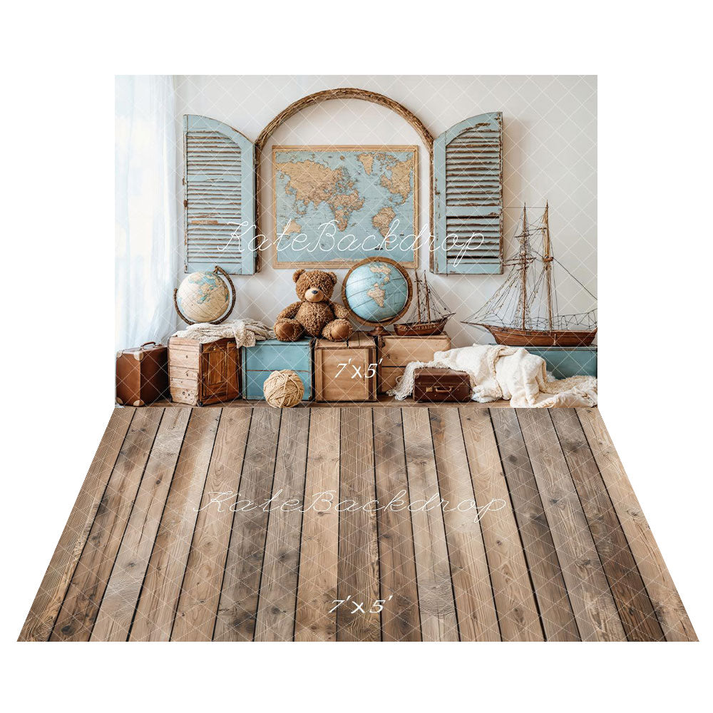 Kate Travel Adventure Map Globe Nautical Backdrop+Vintage Wood Floor Backdrop