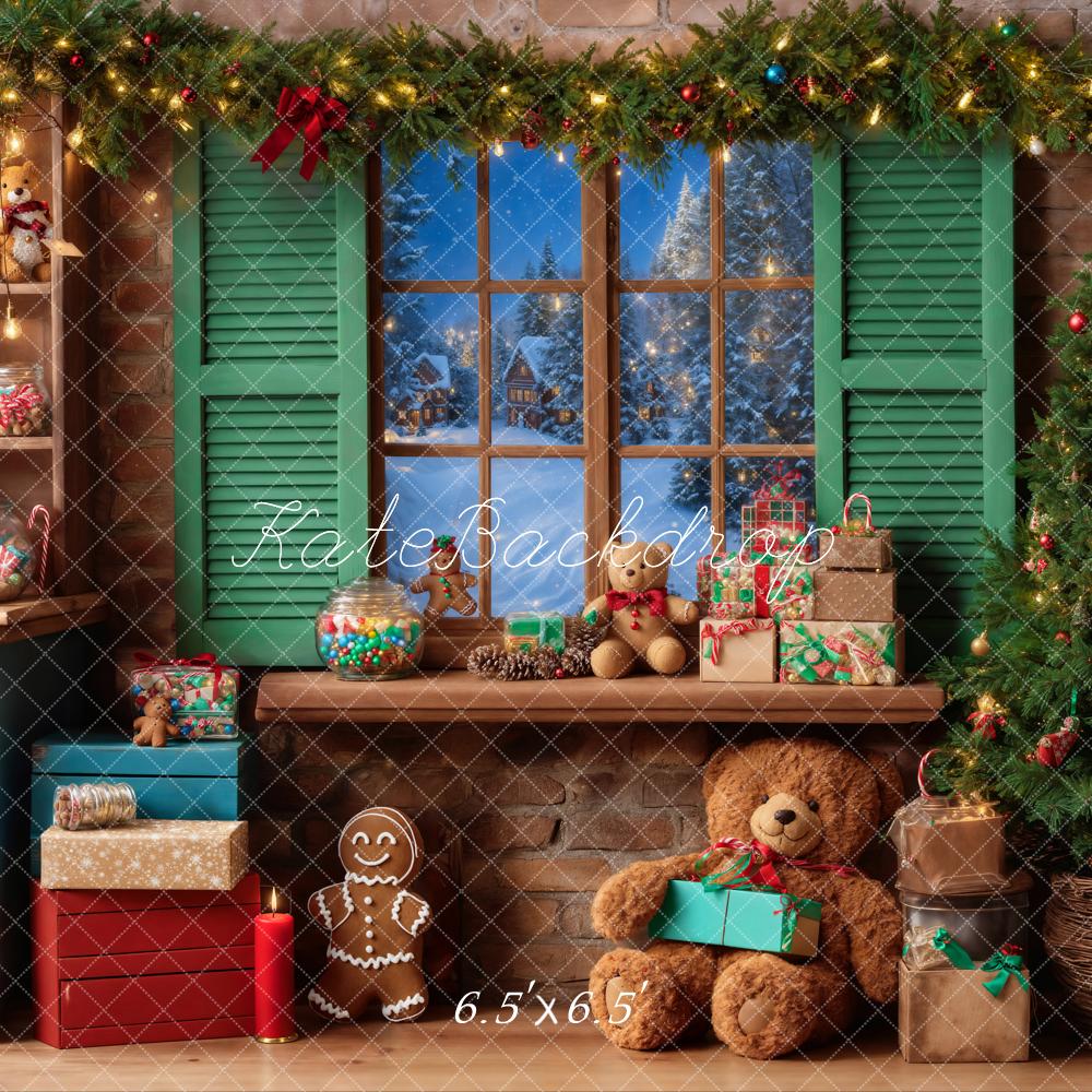 Kate Christmas Teddy Bear Window Green Backdrop Designed by Emetselch