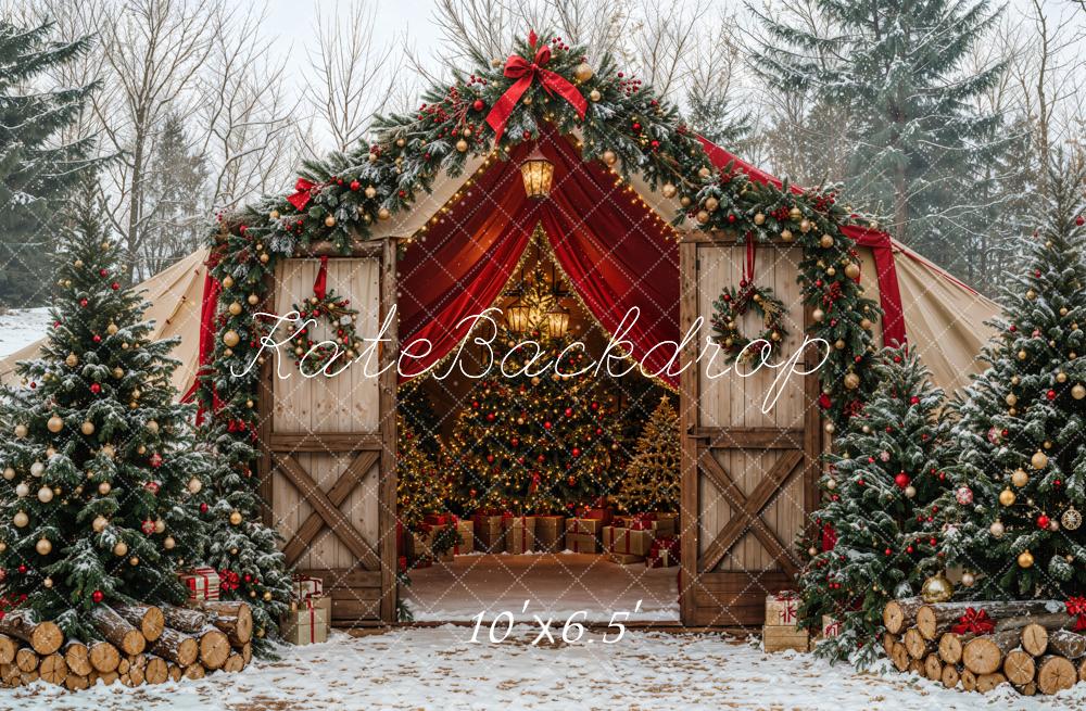 Kate Christmas Tree Barn Bow Snow Forest Backdrop Designed by Emetselch