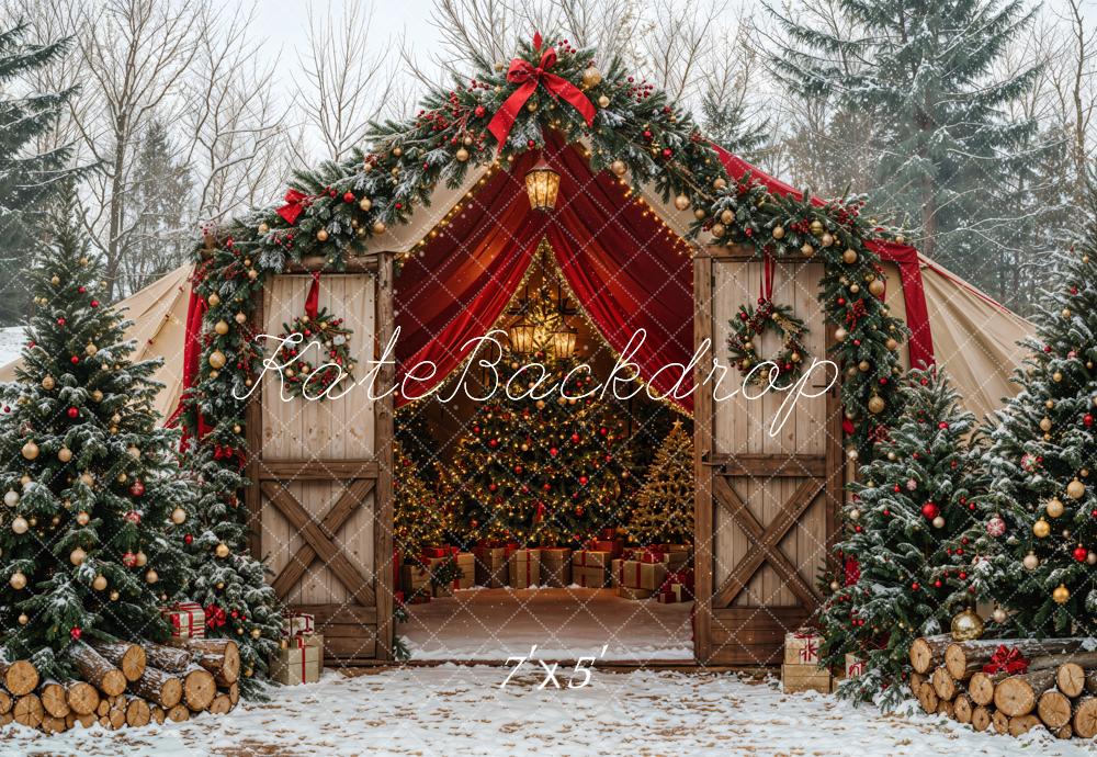 Kate Christmas Tree Barn Bow Snow Forest Backdrop Designed by Emetselch