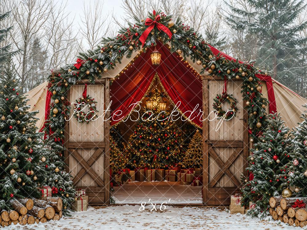 Kate Christmas Tree Barn Bow Snow Forest Backdrop Designed by Emetselch