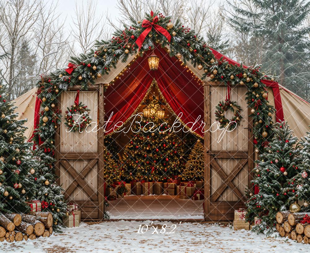 Kate Christmas Tree Barn Bow Snow Forest Backdrop Designed by Emetselch