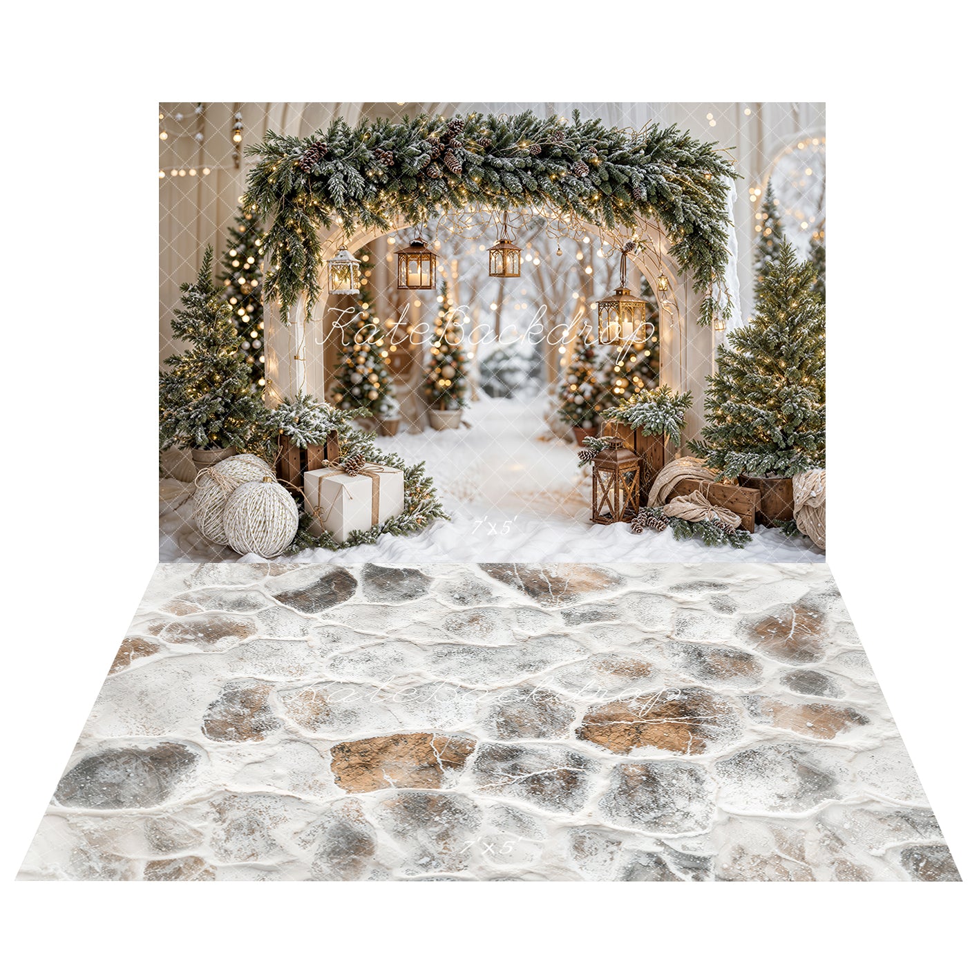 Kate Christmas Arch Garland Snow Trees Backdrop+Stone Texture Floor Backdrop -UK