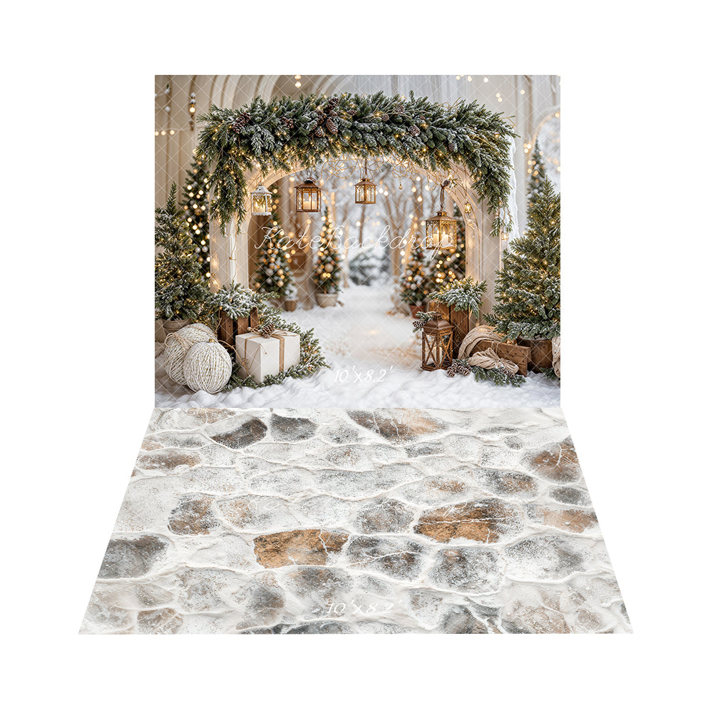 Kate Christmas Arch Garland Snow Trees Backdrop+Stone Texture Floor Backdrop -UK
