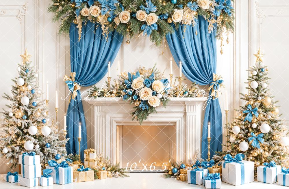 Lightning Deals Kate Christmas Tree Blue Curtain Fireplace Gifts Backdrop Designed by Emetselch -UK
