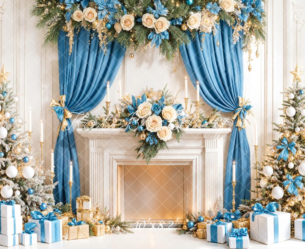 Lightning Deals Kate Christmas Tree Blue Curtain Fireplace Gifts Backdrop Designed by Emetselch -UK