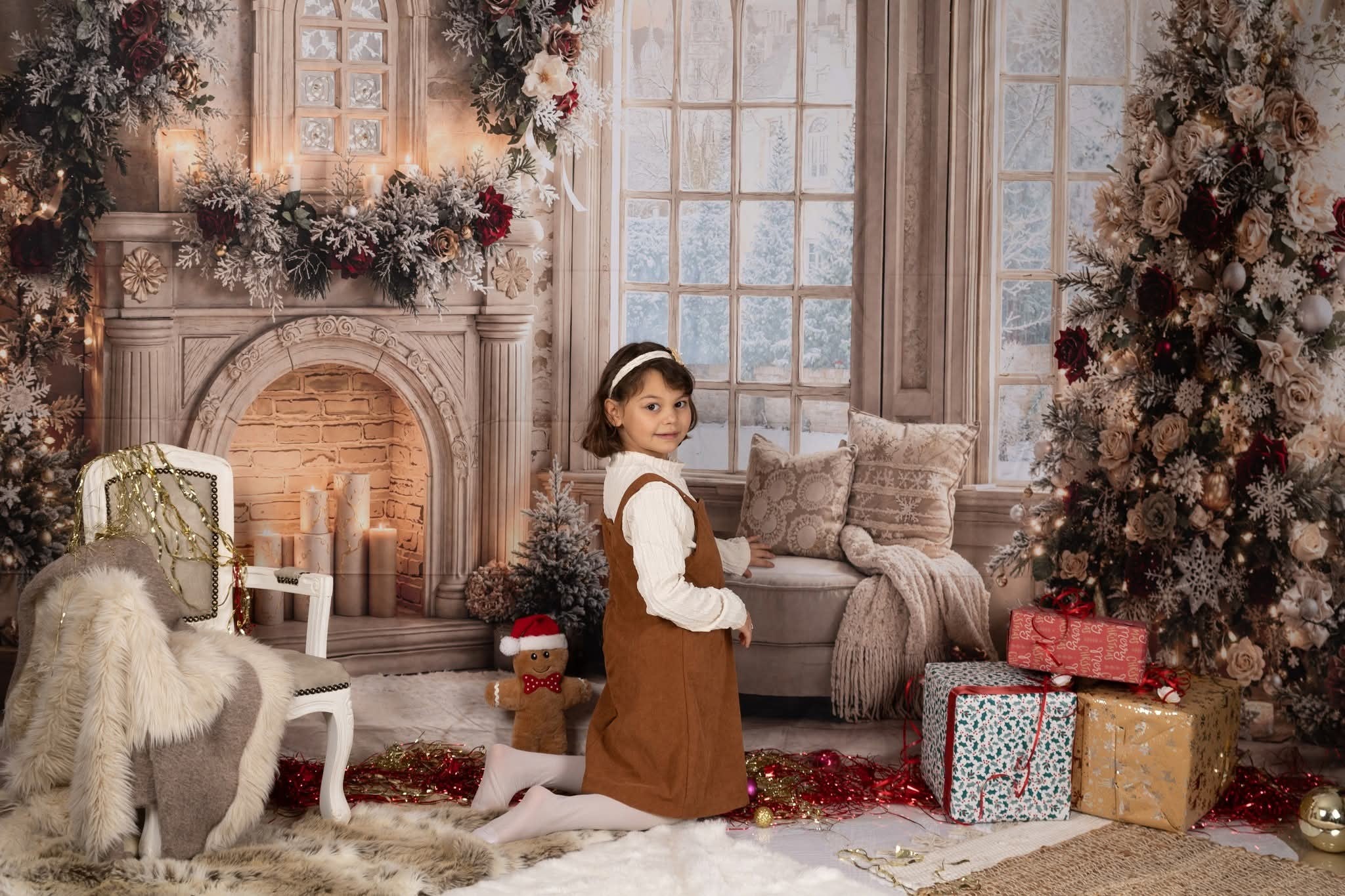 Kate Christmas Tree Roses Fireplace Arched Window Backdrop Designed by Emetselch -UK