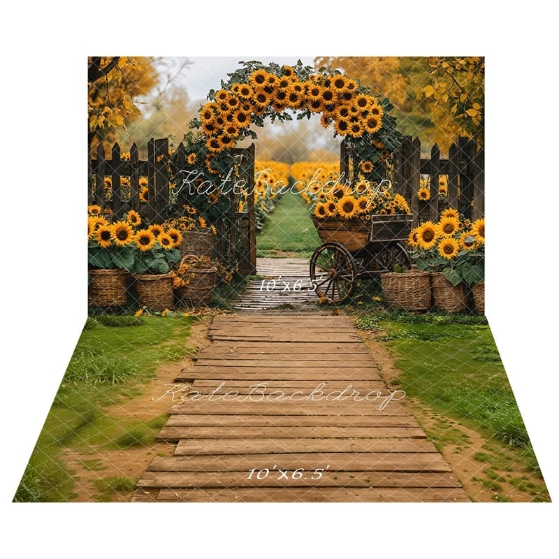 Kate Autumn Sunflower Arch Backdrop+Wooden Pathway Grass Floor Backdrop -UK