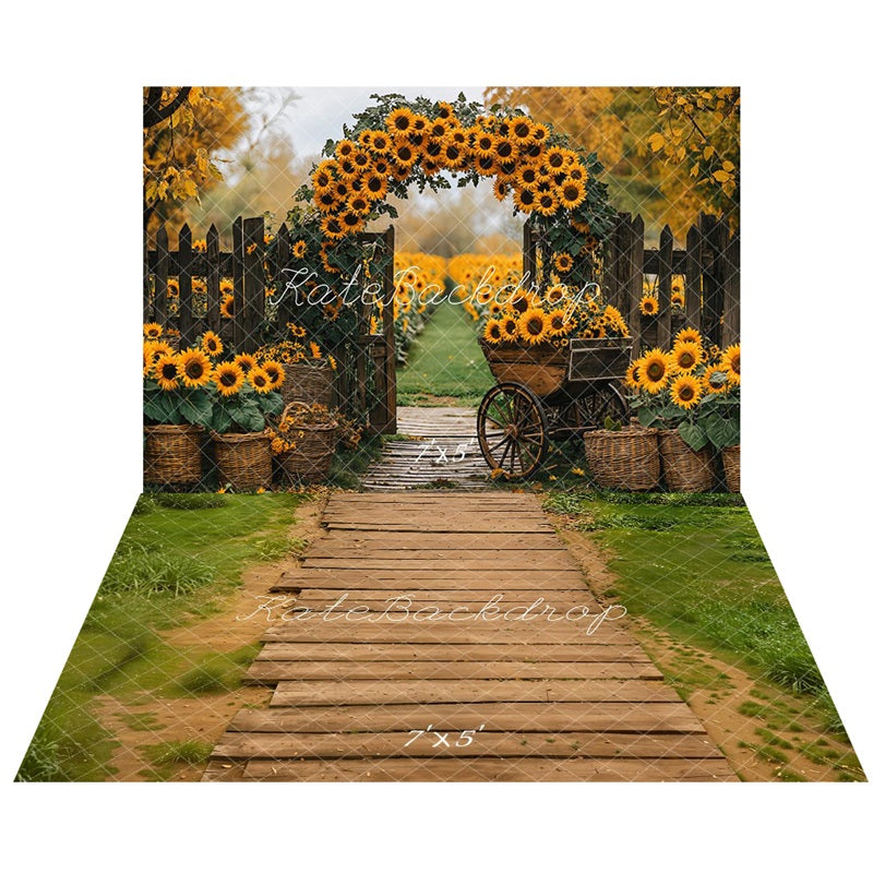 Kate Autumn Sunflower Arch Backdrop+Wooden Pathway Grass Floor Backdrop -UK