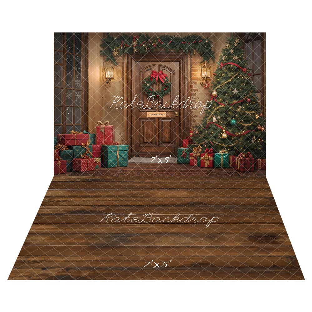 Kate Christmas Tree Door Gifts Brown Backdrop+Wooden Floor Backdrop