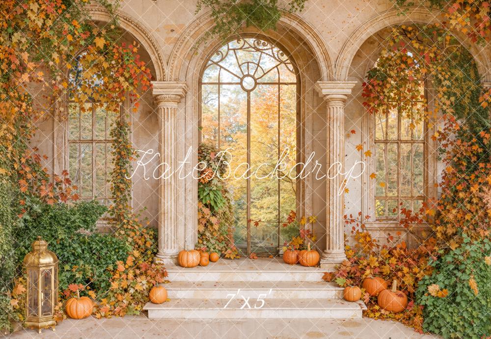 Kate Autumn Retro Arch Maple Leaves Pumpkin Backdrop Designed by Emetselch -UK
