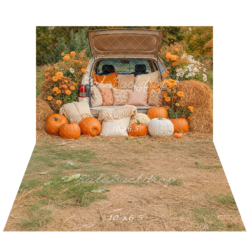 Kate Autumn Pumpkin Truck Hay Bales Backdrop+Earthy Grass Floor Backdrop