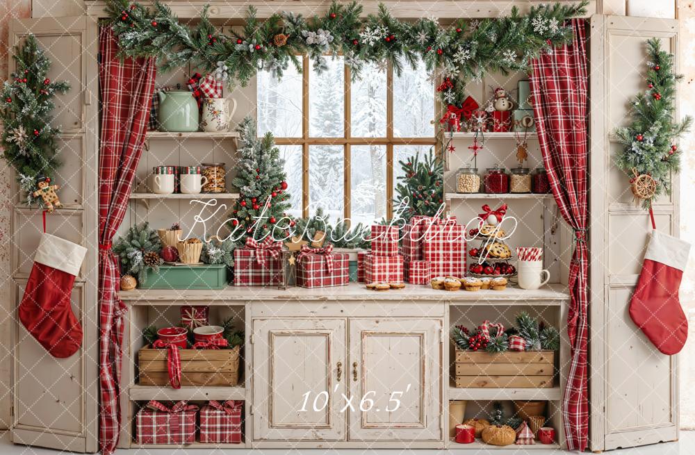 Kate Christmas Kitchen Red Plaid Gifts Backdrop Designed by Emetselch -UK