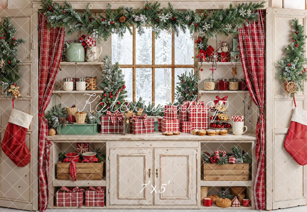 Kate Christmas Kitchen Red Plaid Gifts Backdrop Designed by Emetselch -UK
