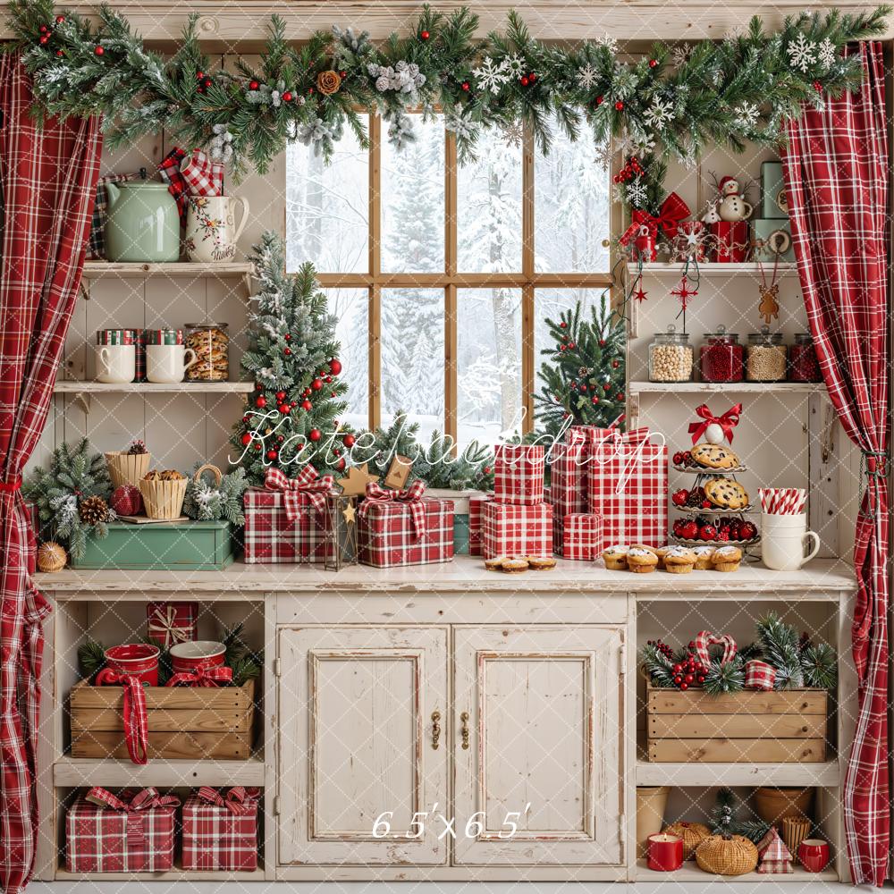 Kate Christmas Kitchen Red Plaid Gifts Backdrop Designed by Emetselch -UK