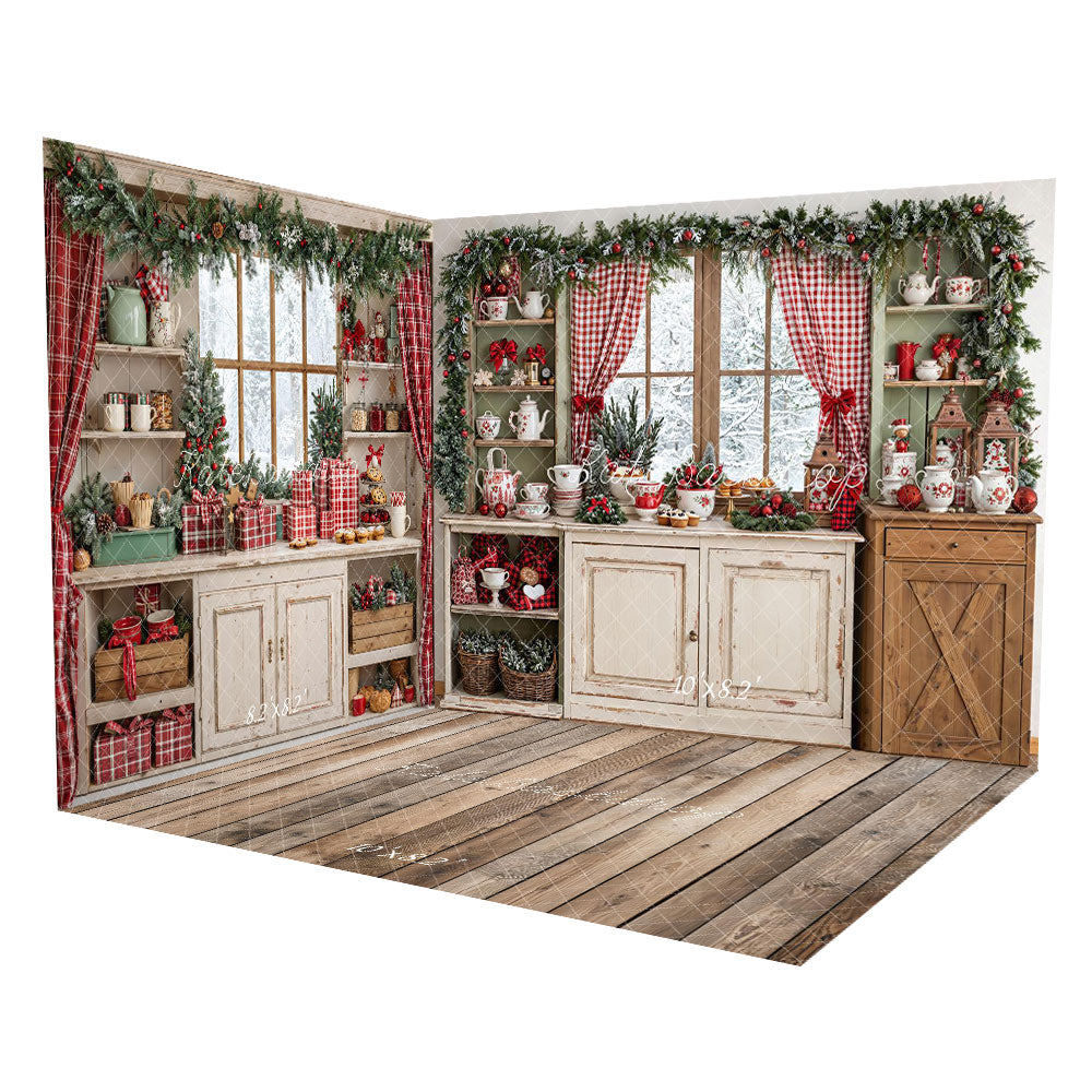 Kate Christmas Kitchen Rustic Cabinets Window Red Plaid Room Set -UK