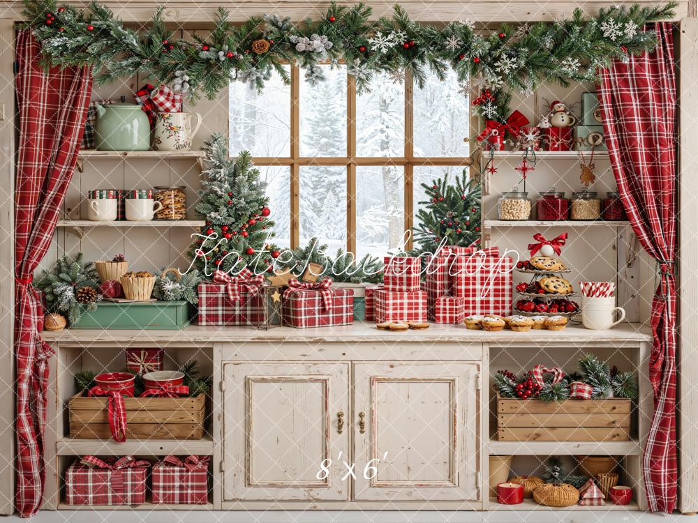 Kate Christmas Kitchen Red Plaid Gifts Backdrop Designed by Emetselch -UK