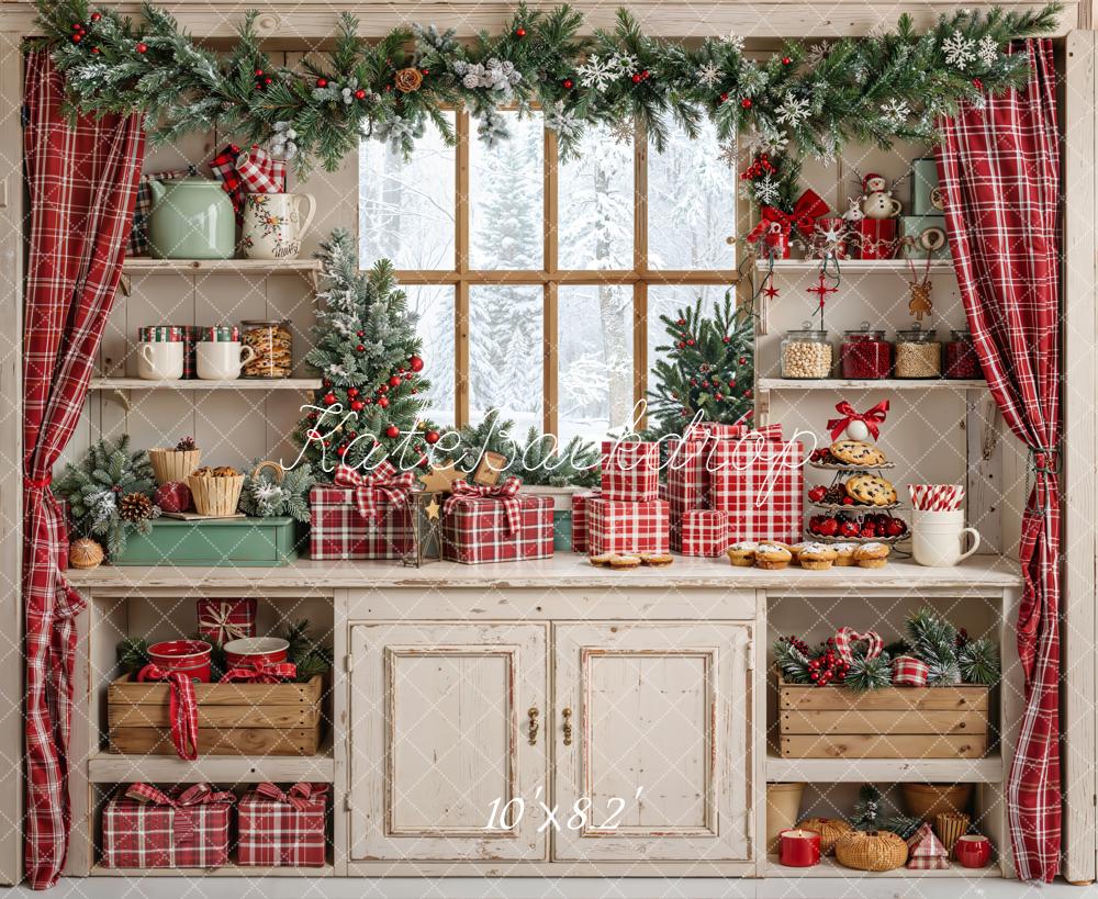 Kate Christmas Kitchen Red Plaid Gifts Backdrop Designed by Emetselch -UK