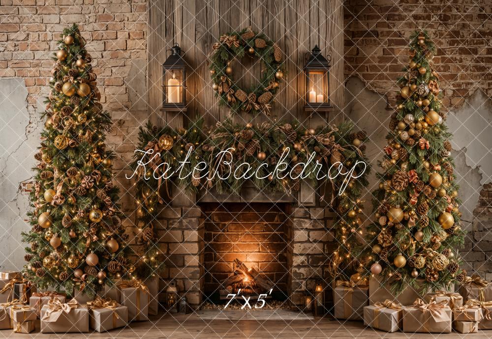Kate Christmas Tree Fireplace Brick Wall Backdrop Designed by Emetselch