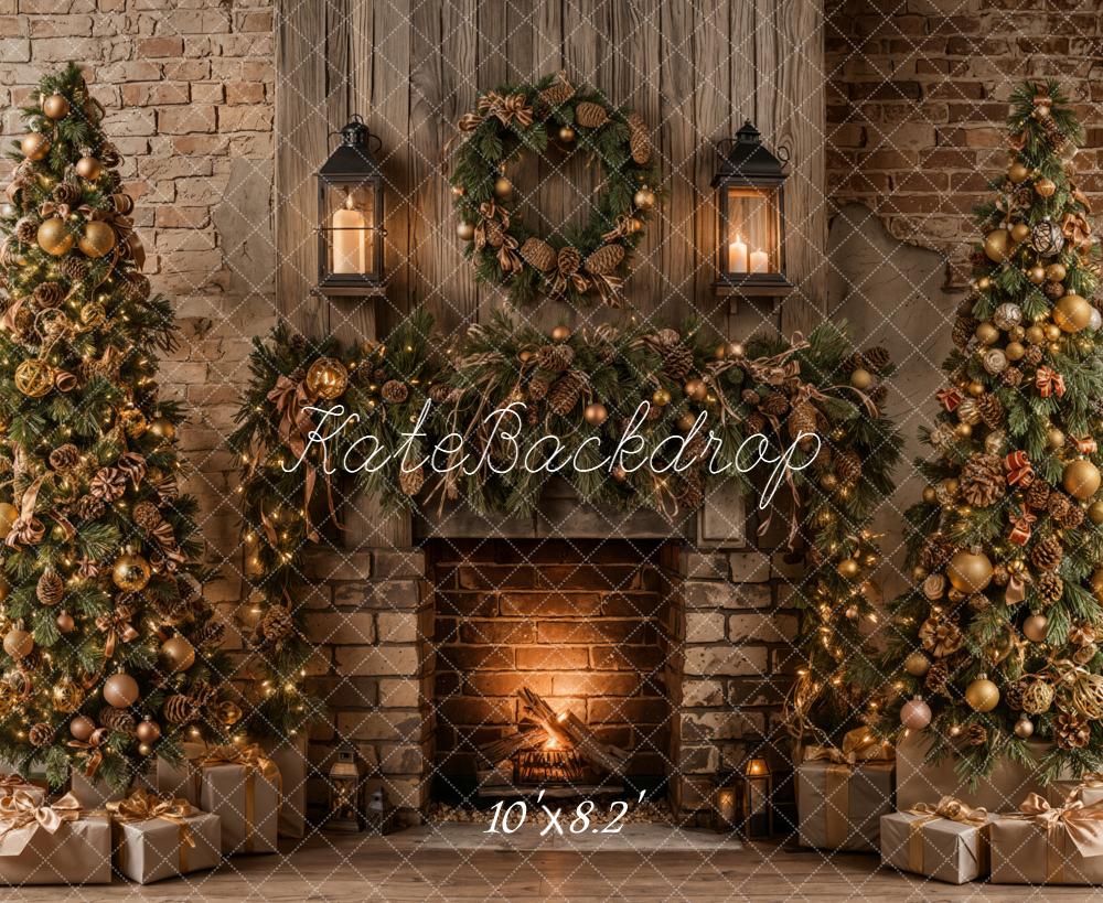 Kate Christmas Tree Fireplace Brick Wall Backdrop Designed by Emetselch -UK