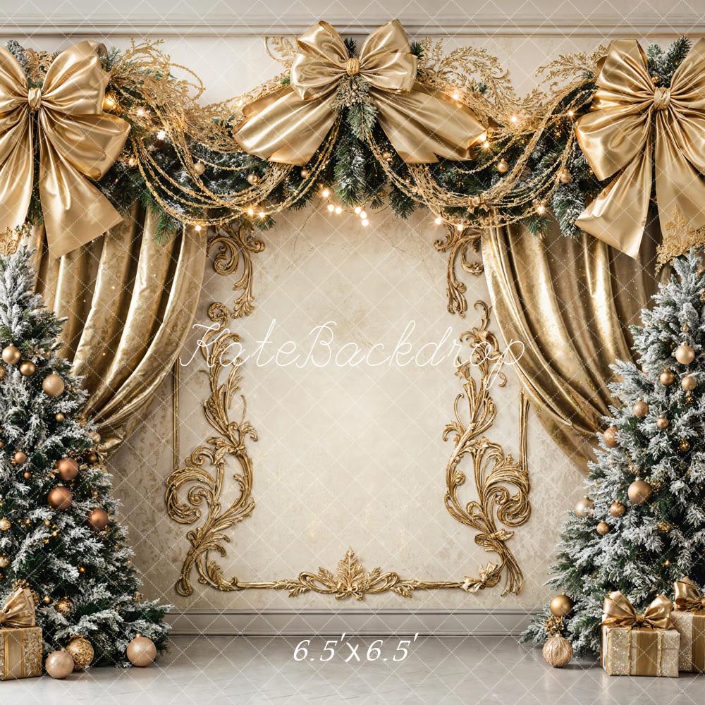 Kate Christmas Tree Gold Bow Retro Wall Backdrop Designed by Chain Photography