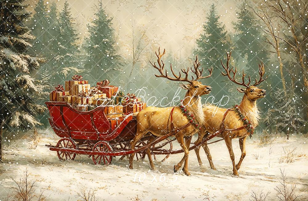 Kate Christmas Reindeer Sleigh Forest Snowy Backdrop Designed by GQ -UK