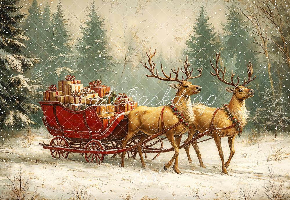 Kate Christmas Reindeer Sleigh Forest Snowy Backdrop Designed by GQ -UK