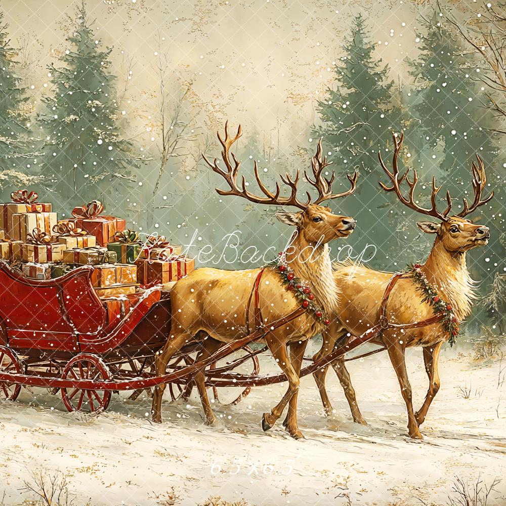 Kate Christmas Reindeer Sleigh Forest Snowy Backdrop Designed by GQ -UK