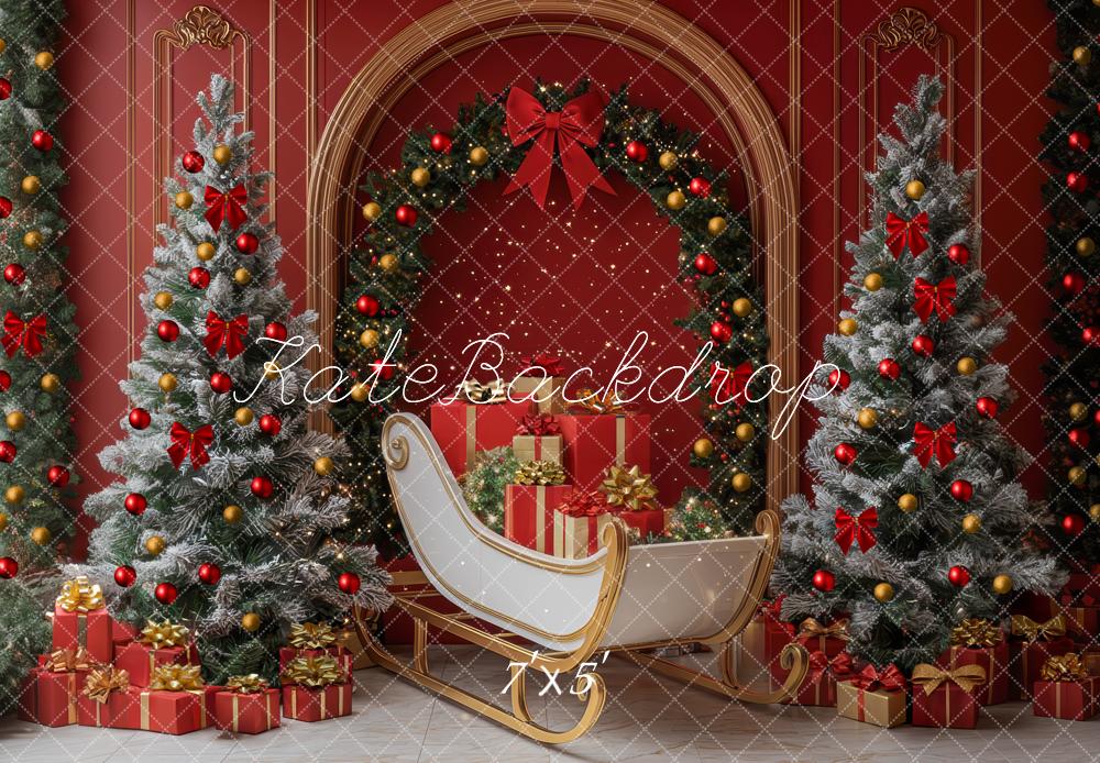 Kate Christmas Tree Sleigh Arch Red Wall Backdrop Designed by Mini MakeBelieve